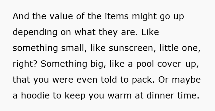 Text excerpt discussing the value of items like sunscreen and a hoodie in a mom&rsquo;s petty revenge packing strategy.