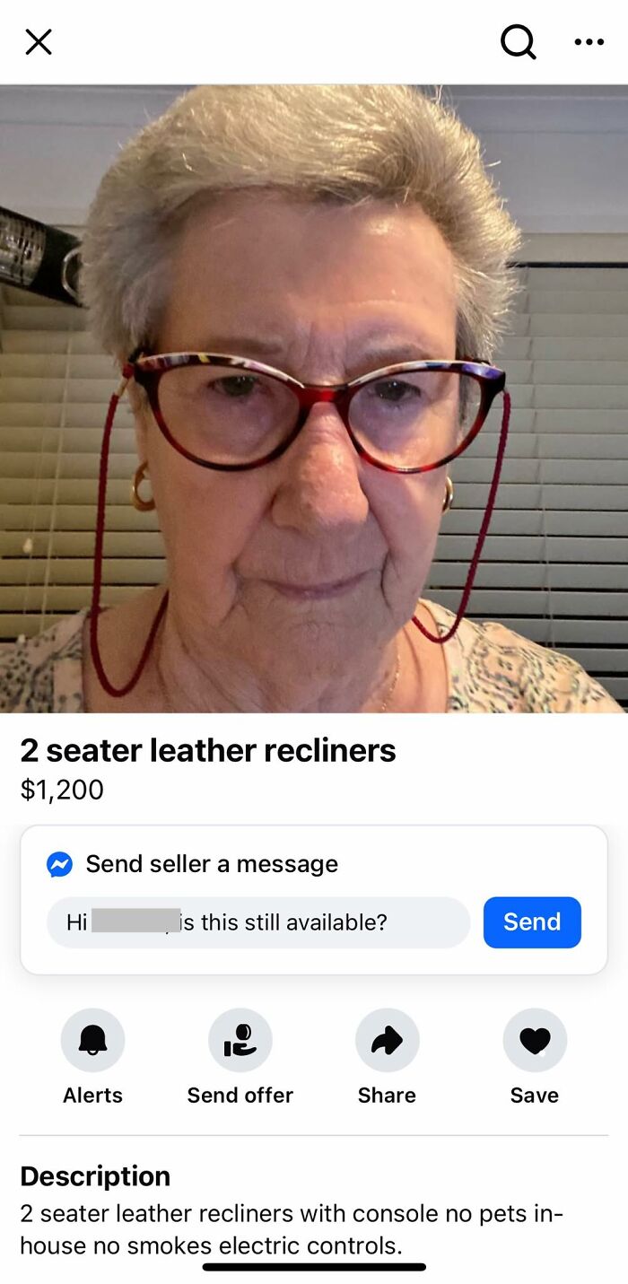 Elderly woman wearing red glasses in a Facebook Marketplace listing for wildest things found for sale.