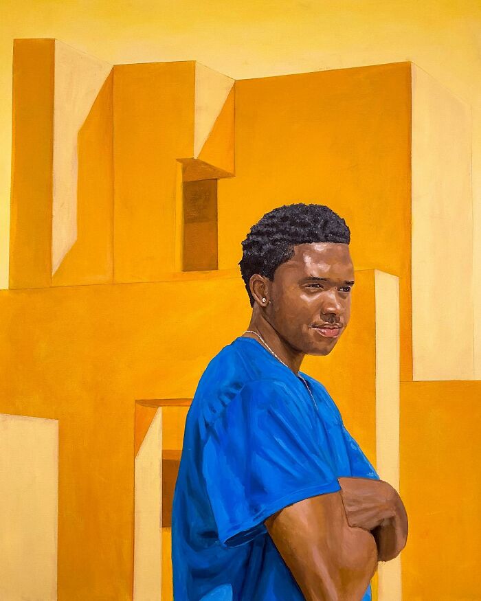 Portrait painting of a man in a blue shirt with geometric yellow and orange space elements, exploring colours and identity.