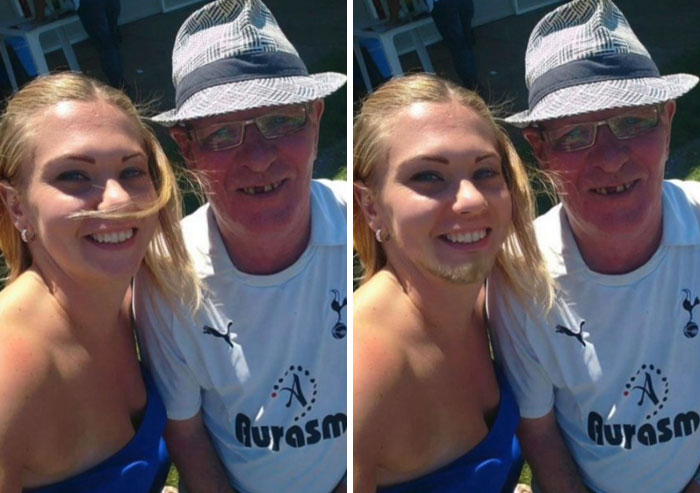 Side-by-side images showing a literal Photoshop edit adding a beard to a smiling woman, illustrating hilarious Photoshop edits.