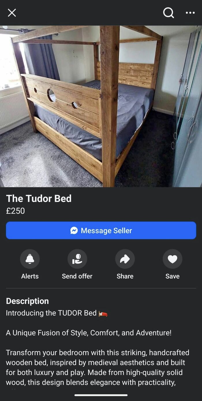Handcrafted Tudor bed made of solid wood, combining medieval style and comfort, listed for sale on Facebook Marketplace.