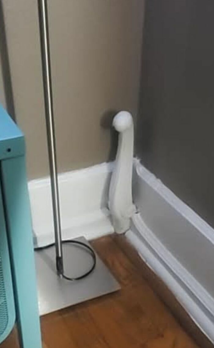 Unusual strange object protruding from wall near floor with nearby lamp and wooden flooring in home interior.