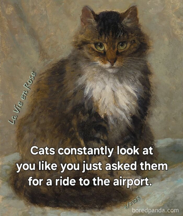 Classical art meme featuring a cat with humorous text about cats and airport rides in a painted style.