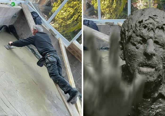 Man spreading cement on floor next to a Photoshop edit showing a person covered completely in cement reaching forward.