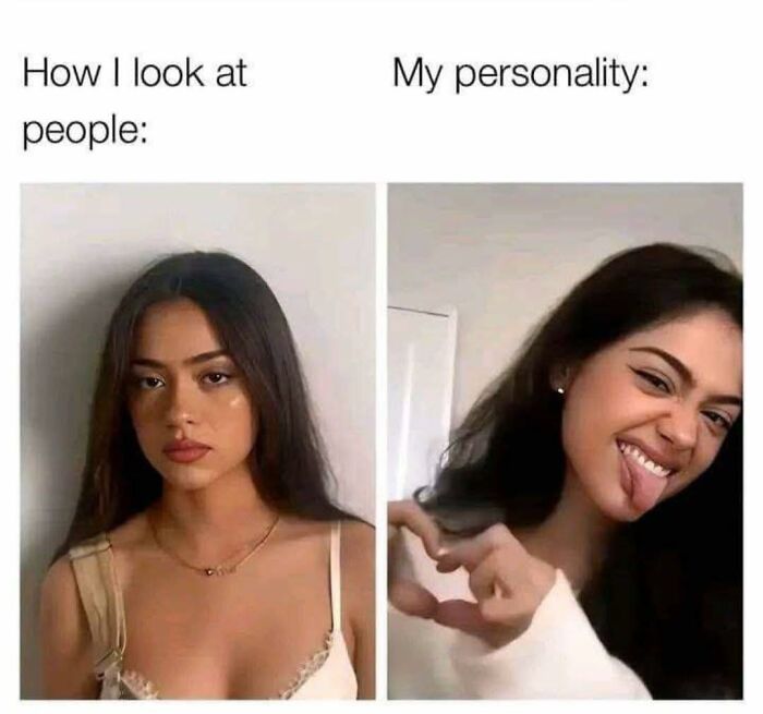 Two photos of a woman showing a serious look versus a playful expression, highlighting cute and wholesome personality posts.