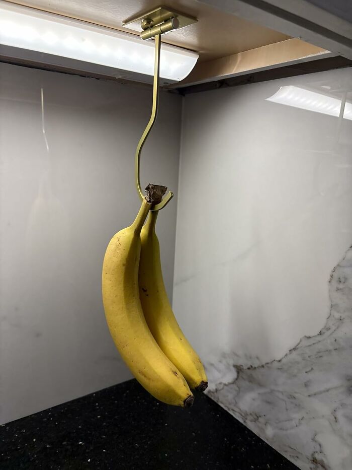 Bananas hanging on a smart kitchen gadget designed to keep fruit fresh and reduce countertop clutter.