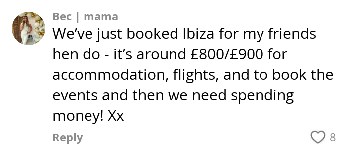Comment discussing the high costs of paying for hen parties including accommodation, flights, events, and spending money.