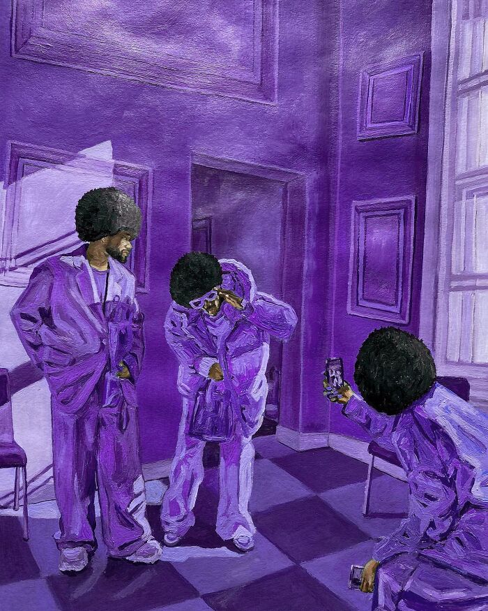 Painting of three men with afros wearing purple suits in a purple-toned room exploring colours, space, and identity.