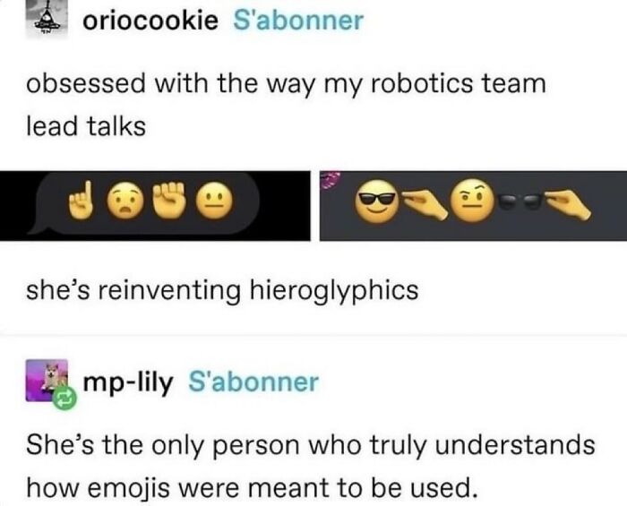 Screenshot of a social media post humorously praising a robotics team lead for reinventing emojis in chaotic memes.