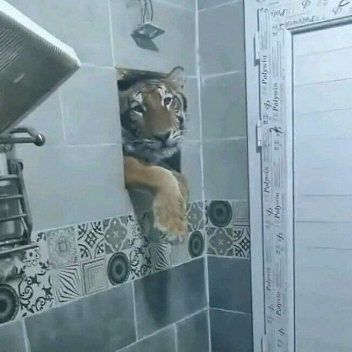 Tiger peeking through a bathroom wall opening, showcasing hilarious animals in goblin mode acting unexpectedly indoors.