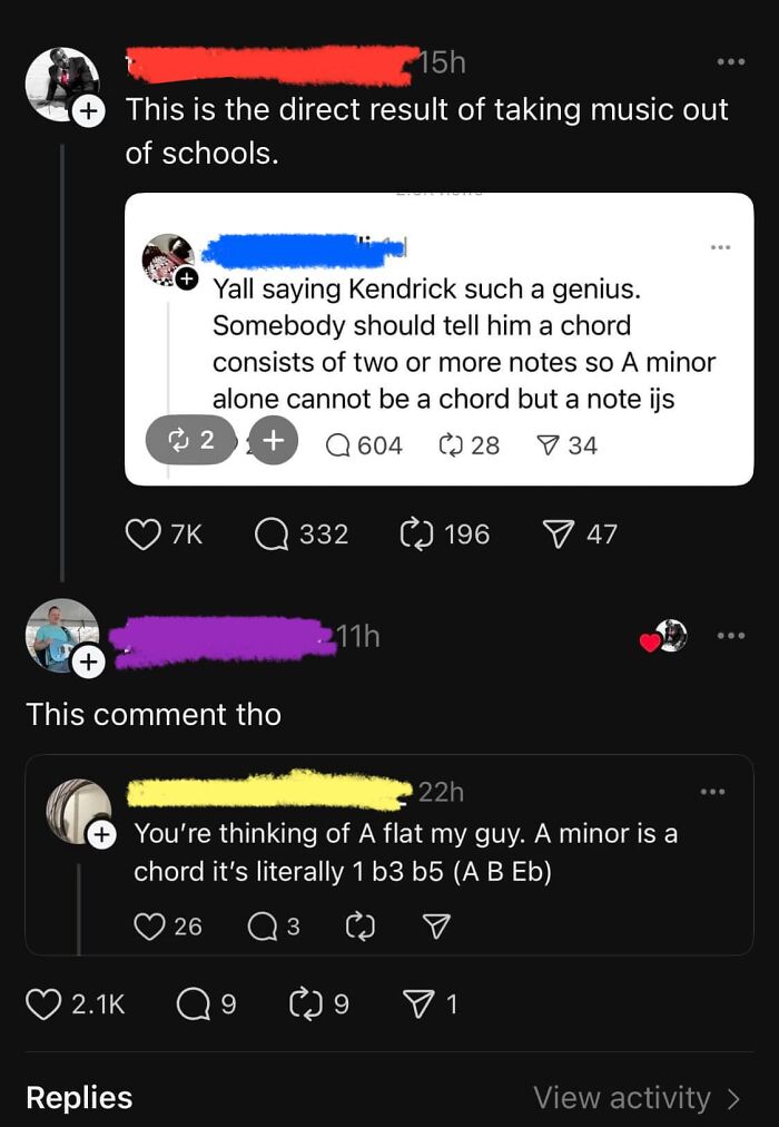 Social media thread shaming overconfident know-it-alls who incorrectly correct others about music theory and chords.