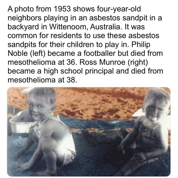 Four-year-old children playing in an asbestos sandpit in 1953 Australia revealing secret facts about health risks.