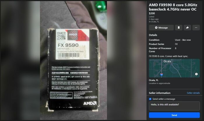 Used AMD FX9590 processor box for sale, one of the wildest things found on Facebook Marketplace listings.