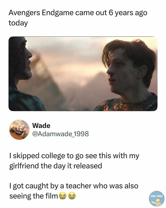Mocking posts jokes memes about skipping college to watch Avengers Endgame and getting caught by a teacher at the movie.