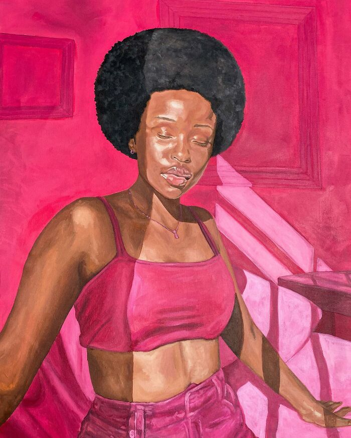 Painting of a woman with afro hairstyle surrounded by vibrant pink colours exploring space and identity through art.
