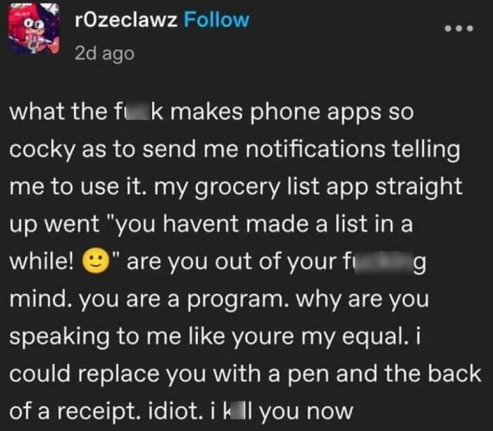 Chaotic meme screenshot expressing frustration with phone app notifications using humorous and aggressive language.