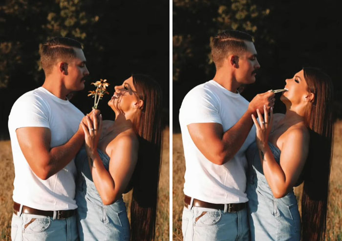 Couple in a field with photoshopped edits showing a man holding flowers and feeding a woman, illustrating hilarious Photoshop edits.