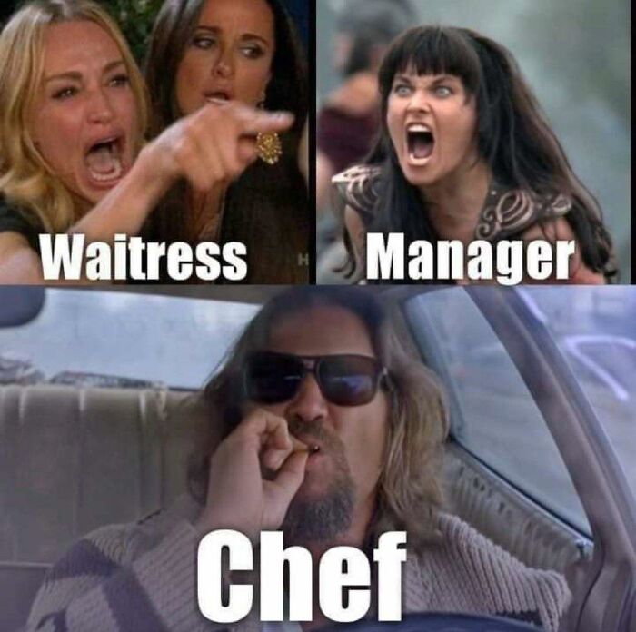 Memes depicting the relatable chaos of working in hospitality with waitress, manager, and chef roles.