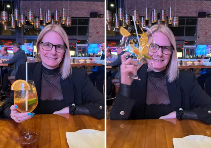 Woman at restaurant holding a drink, shown in a hilarious Photoshop edit where the glass appears shattered mid-air.