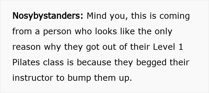 Text from a social media post calling out a woman for saying people over 200 lbs shouldn&rsquo;t do Pilates, highlighting Pilates and weight discussion.