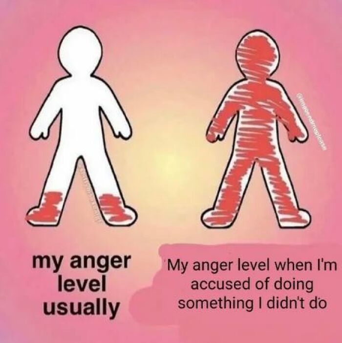 Cartoon figures showing different anger levels with red markings, illustrating humorous mental breakdown emotions.