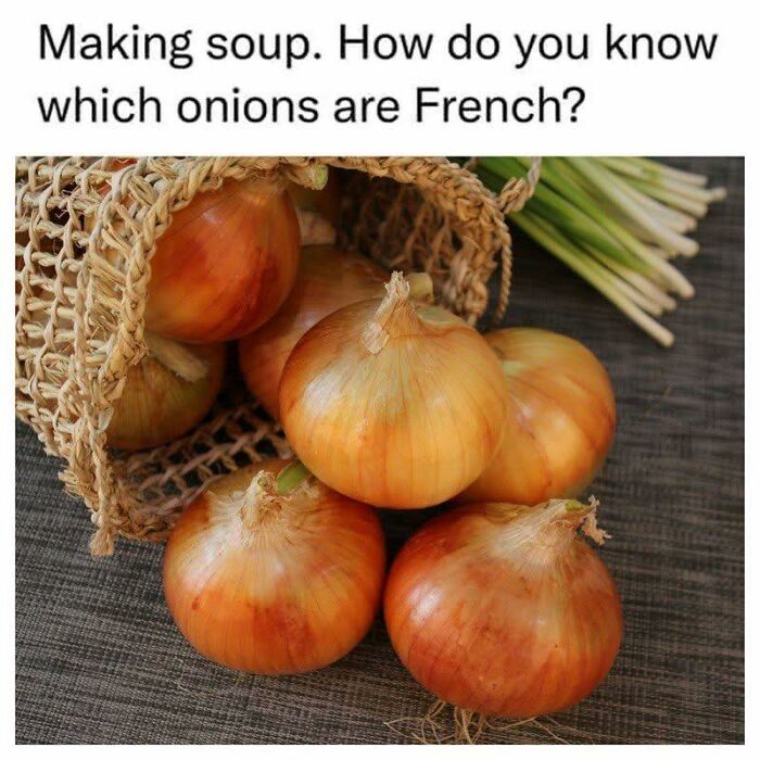 Onions spilling from a basket with text about making soup, illustrating relatable memes about working in hospitality.