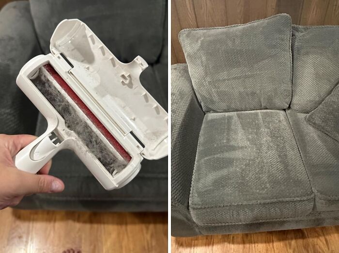 Handheld pet hair remover with collected fur next to a clean gray fabric couch showing affordable home finds.