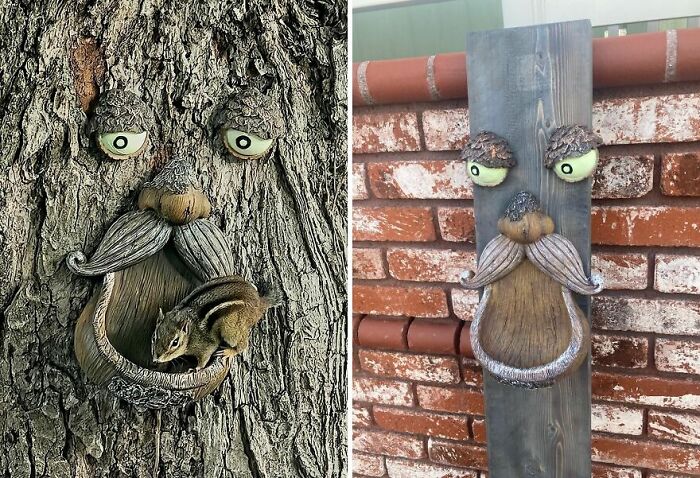 Decorative garden faces on tree and wood post with chipmunk, unique gardening finds for plant decor and garden charm.