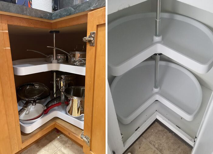 Two images of a corner kitchen cabinet with rotating shelves, a popular kitchen find for improved storage and organization.