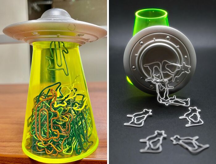 Creative office supplies shaped like a UFO and cow with paper clips, designed to brighten up your desk space.