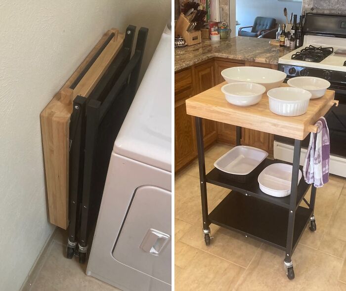 Foldable kitchen cart with wooden top and black metal frame, showcasing popular kitchen finds people are obsessing over.