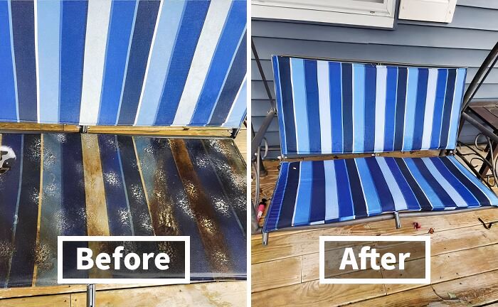 Outdoor bench with faded, stained cushions before and refreshed cushions after an easy home transformation.