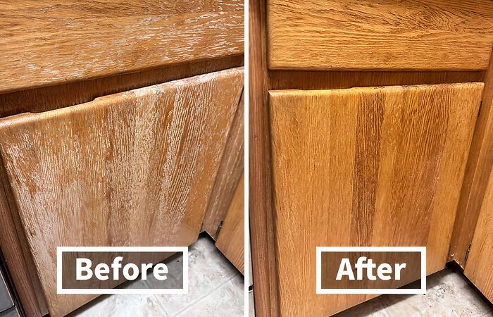 Before and after image of cabinet restoration showcasing problem-solvers tips for getting your life together with home fixes.