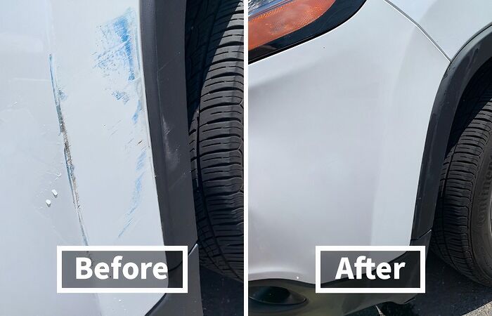 Car scratch repair before and after showing a cool way to fix everyday annoyances on white vehicle panel.