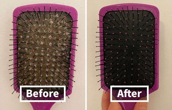 Before and after images of a hairbrush being cleaned, showcasing solutions for everyday annoyances that fix things effectively.