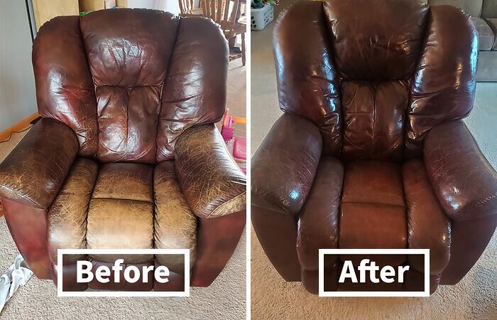 Before and after easy home transformation of a worn leather recliner chair showing restored color and texture.