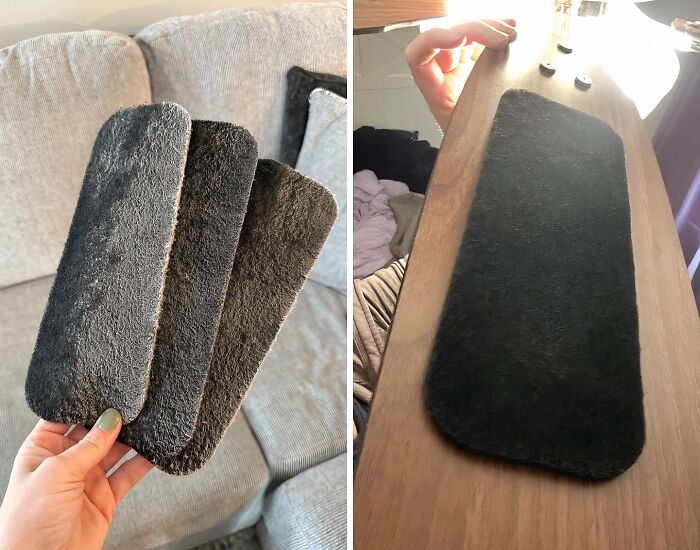 Black adhesive felt pads held in hand and applied to the bottom of a furniture leg to fix scratching issues.