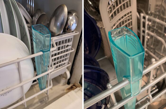 Blue plastic dishwasher utensil holder clipped inside dishwasher rack holding spoons and forks, everyday annoyance solution under $20.