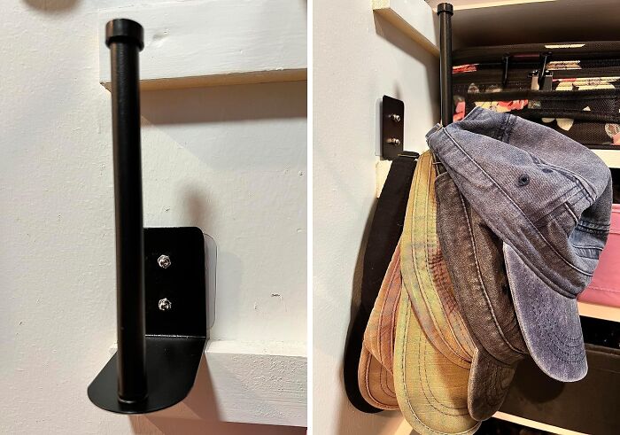 Black wall-mounted hat holder securely fixing everyday storage annoyances with a sleek, space-saving design for organizing caps.