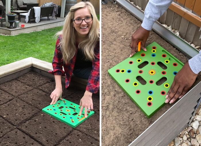 Woman using a planting tool to create perfect garden soil squares for better gardening with top gardening finds.