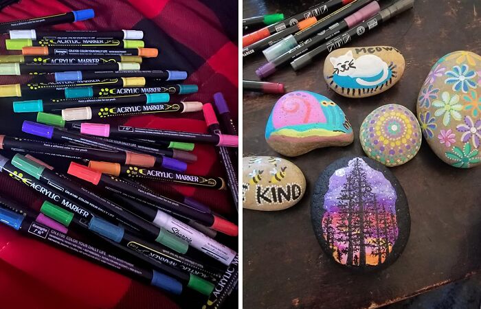 Acrylic markers and hand-painted decorative stones showcasing creative Amazon wishlist favorites.
