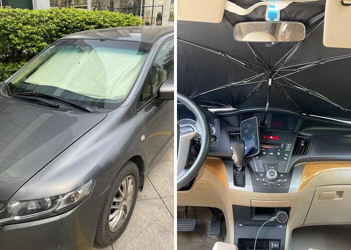 Foldable sunshade inside car windshield blocking sunlight, one of the top Amazon wishlist favorites for summer use.