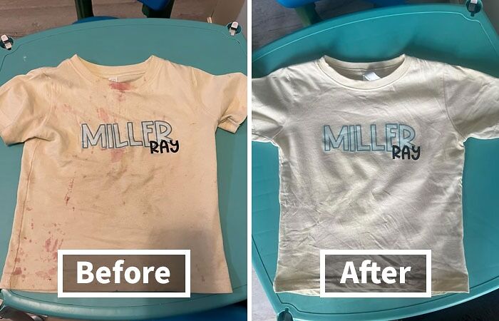 Comparison of a stained and cleaned children's Miller Ray t-shirt showcasing a favorite Amazon wishlist item.