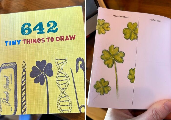 Book titled 642 Tiny Things to Draw and hand holding a page with sketches of four-leaf clovers from Amazon wishlists.
