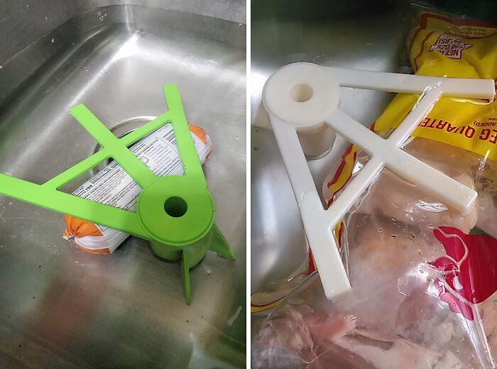 Green and white kitchen gadgets holding frozen food in sink, smart finds under 20 dollars for everyday annoyances.