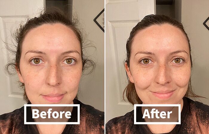 Woman showing her summer glow up transformation with before and after skincare results in a bathroom setting.