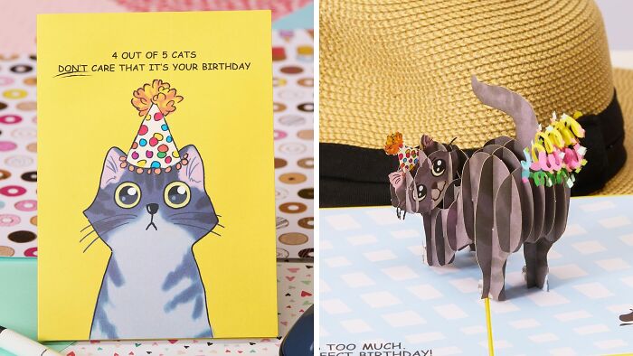Birthday card with a cat in a party hat and a 3D paper cat figure, showcasing chaotic products you might actually want.