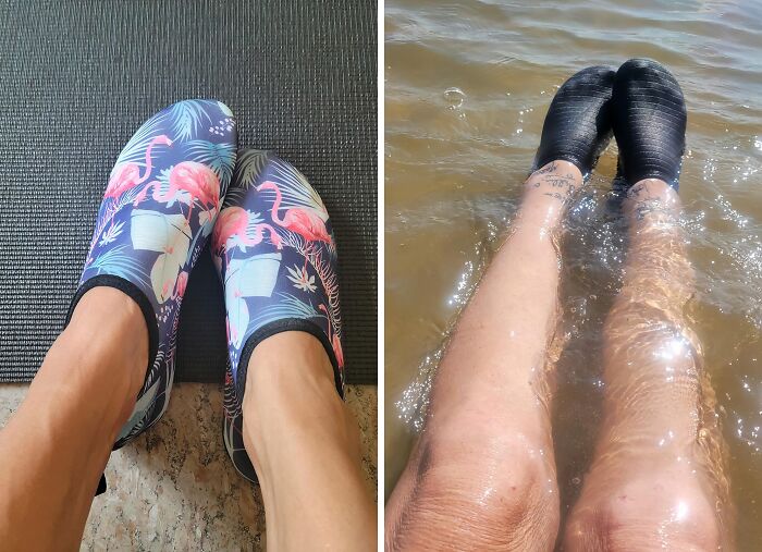 Feet wearing summer essentials water shoes with flamingo pattern on a mat and black water shoes submerged in water.