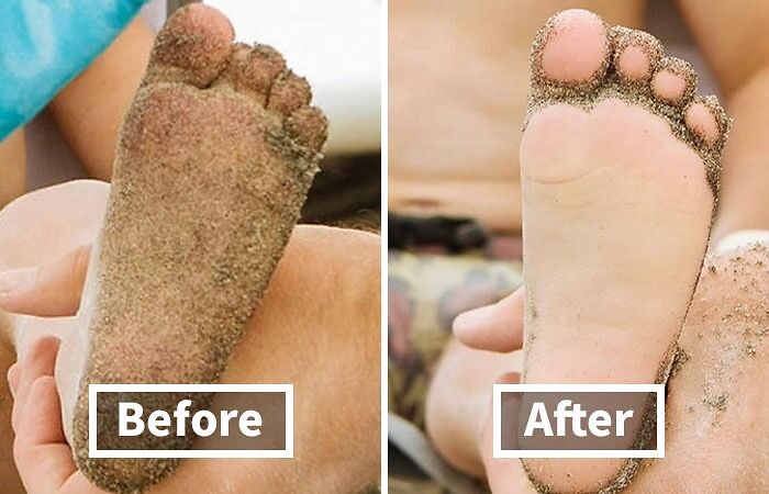 Close-up of sandy feet before and after cleaning, showing a viral summer essential for beach comfort and care.