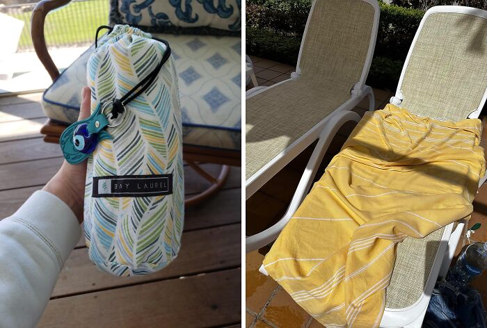 Hand holding a patterned Bay Laurel pouch and a yellow striped summer towel on a lounge chair for viral summer essentials.
